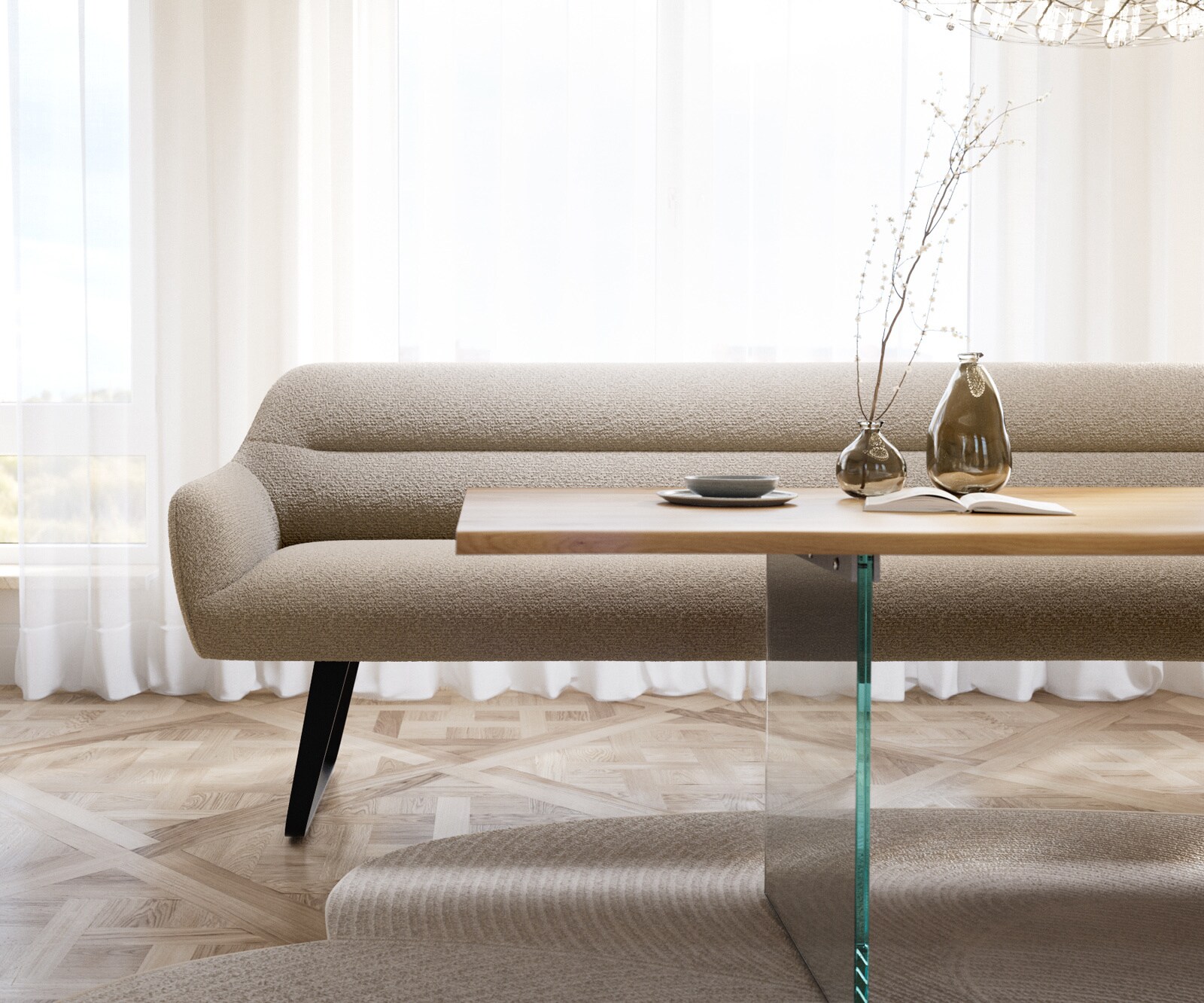 Esszimmerbank Taya-Flex 300 cm Bouclé Schlamm Kufengestell flach Schwarz Taschenfederkern 1