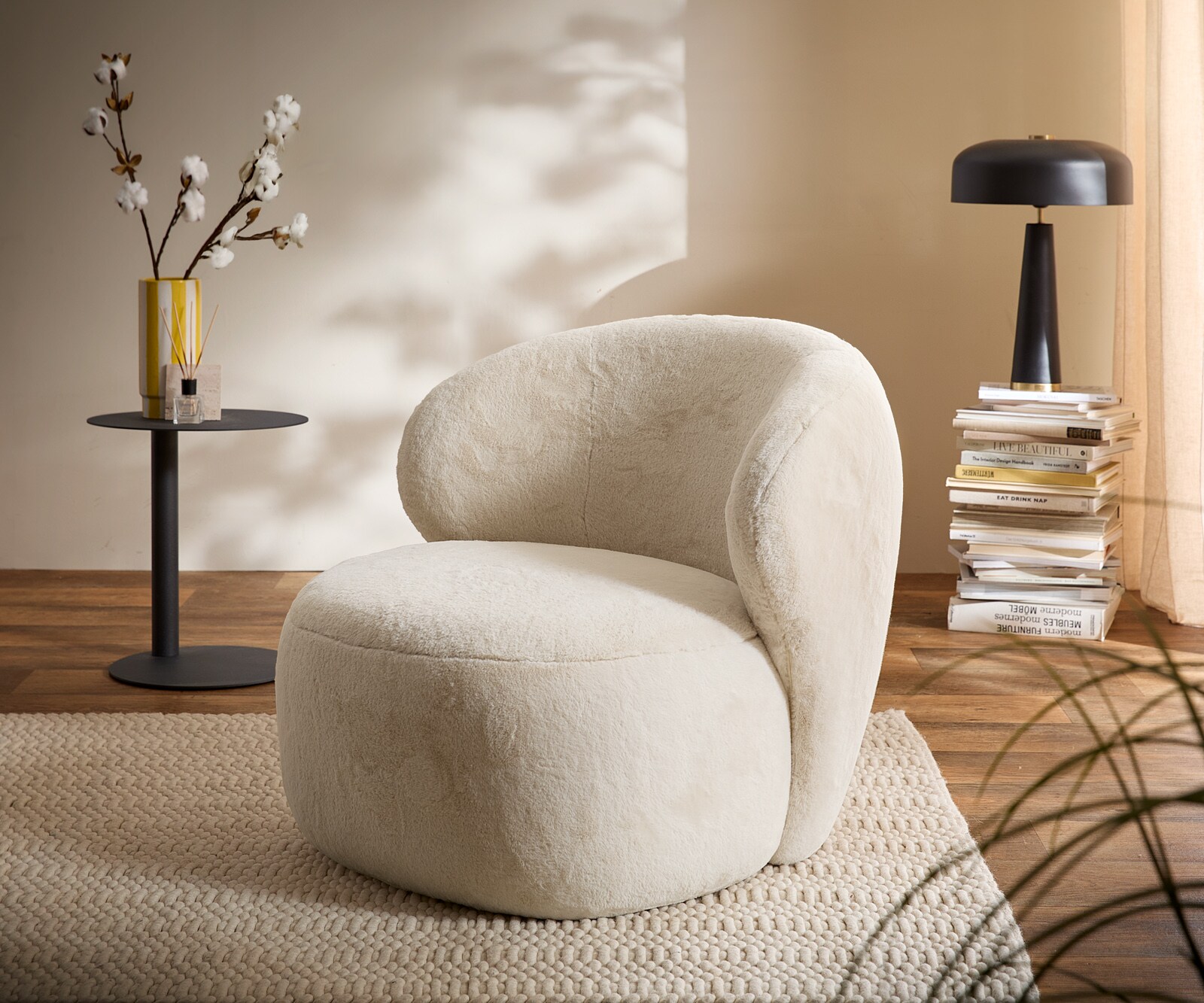 Fauteuil-lounge Pulo 80x80 cm peluche Crème-Blanc