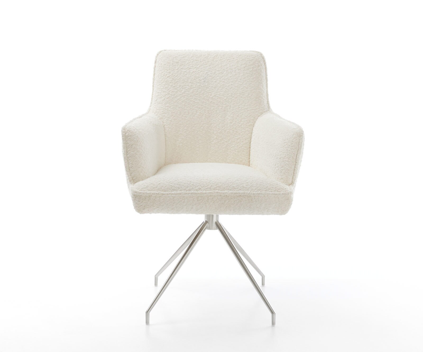 Chaise-pivotante Heira-Flex avec accoudoirs bouclé blanc pied croisé conique acier inoxydable brossé pivotement sur 180° ressorts ensachés 2