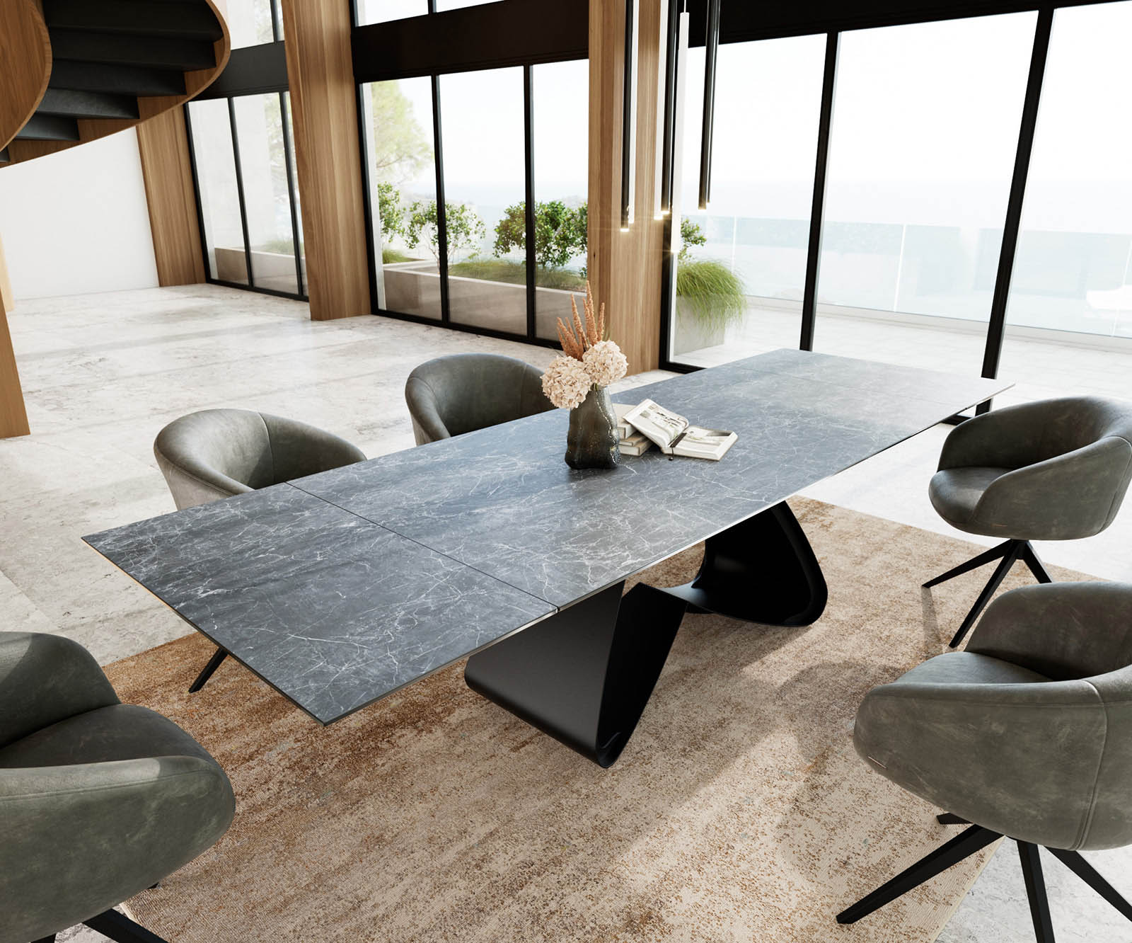 Esstisch Edge 200-300x100 Keramik Laminam®Nero Greco Anthrazit W-Gestell Schwarz ausziehbar 1