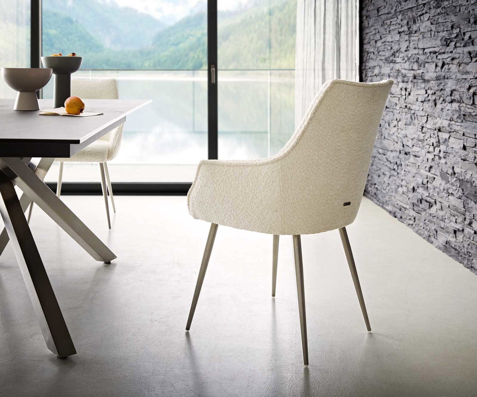 Esszimmerstuhl Alja-Flex mit Armlehnen Bouclé Weiß 4-Fuß konisch Edelstahl Taschenfederkern 4 Esszimmerstuhl Alja-Flex mit Armlehnen Bouclé Weiß 4-Fuß konisch Edelstahl Taschenfederkern 4