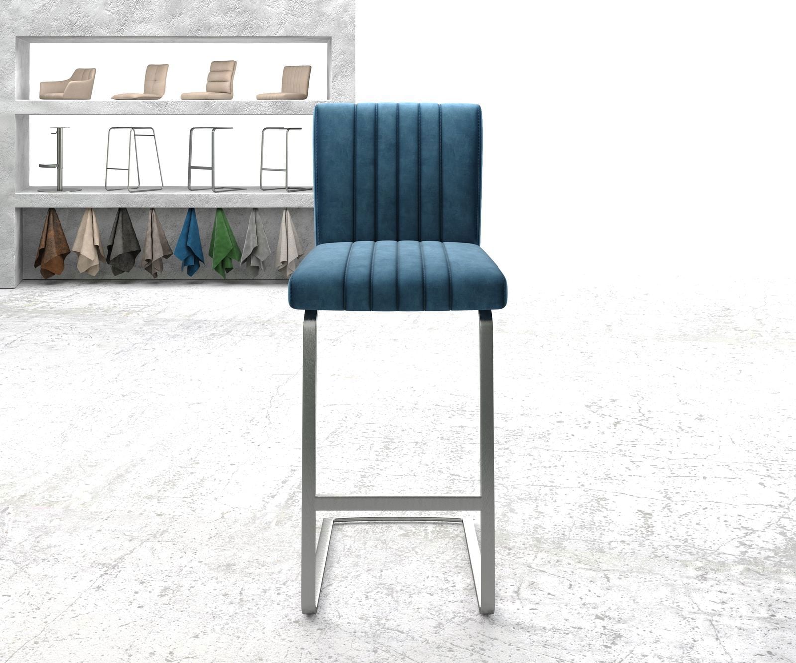 Barstuhl Luiga-Flex Samt Blau Freischwinger flach Edelstahl 1 Barstuhl Luiga-Flex Samt Blau Freischwinger flach Edelstahl 1