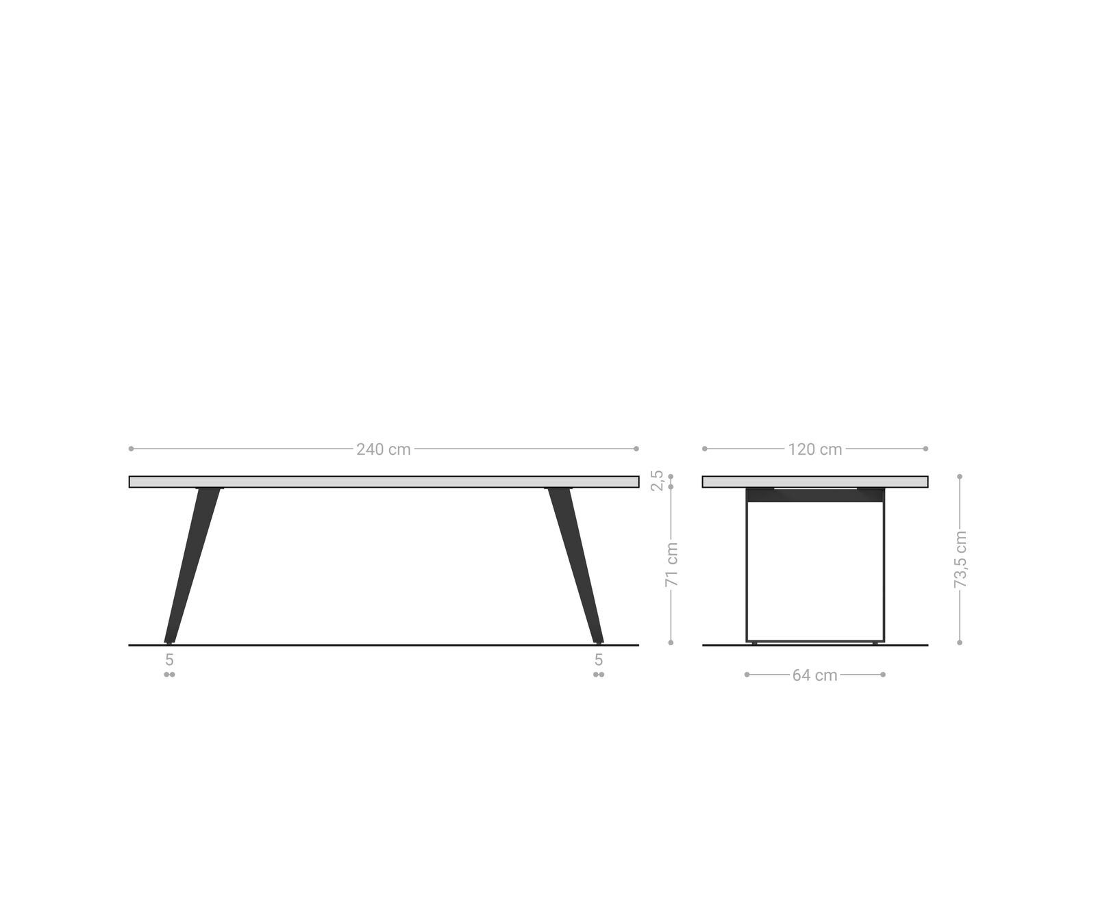 Esstisch Edge Boot 240x120x2,5-3 Eiche Natur Metall Schräg Schwarz Schweizer Kante 5