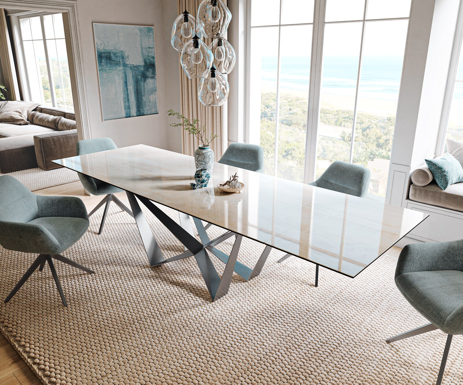 Esstisch Edge 200-300x100 cm Keramik Onyx Champagne Spider Flachstahl Edelstahl Graphit ausziehbar