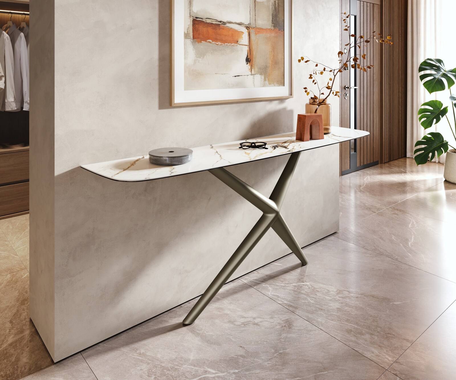 Console Edge forme bateau 180x40 cm Céramique Calacatta Luxe Weiß-Gold-Gris Estelo Métal Effektfinish Titan 3