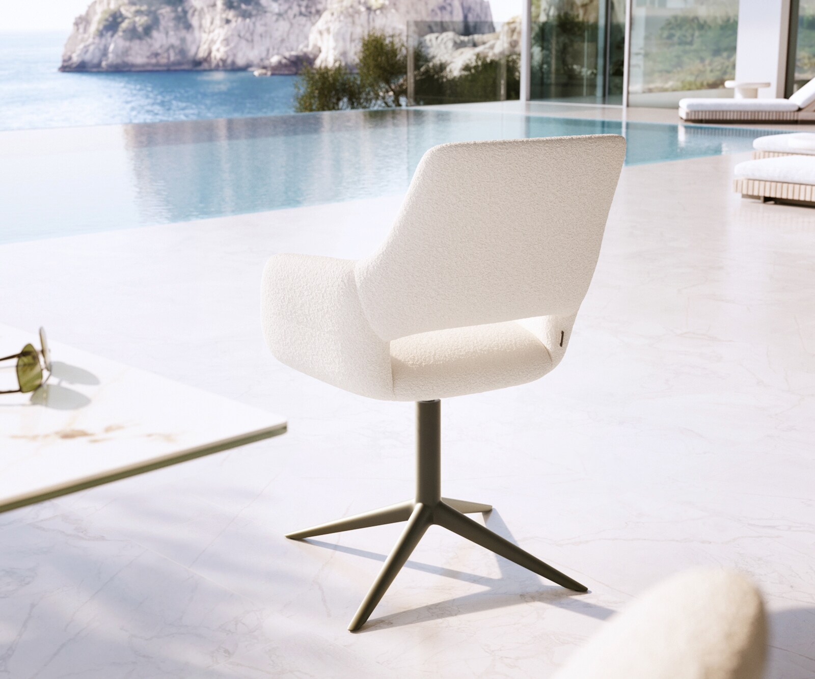 Chaise-d'extérieur Yago-Flex avec accoudoirs bouclé blanc pied de chaise 4 branches aspect titane pivotement sur 360° fonction bascule 4