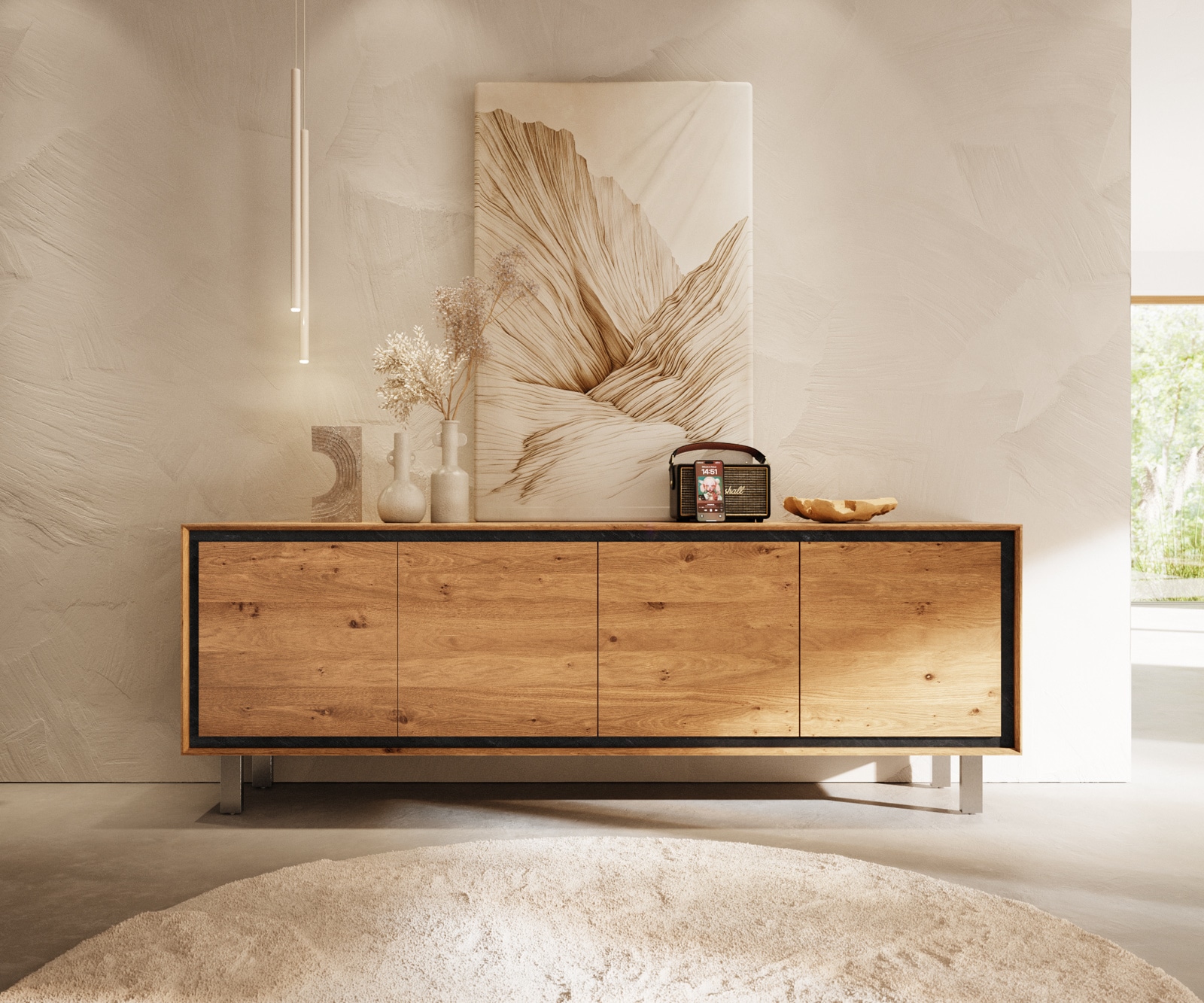 Buffet Stonegrace 200 cm chêne naturel 4 portes pied carré inoxydable brossé 2