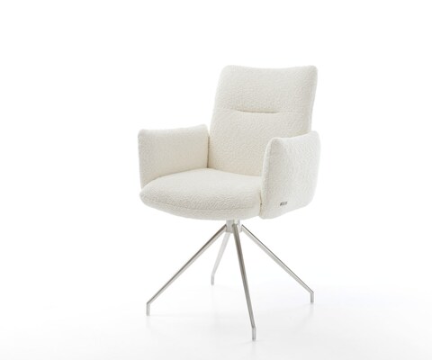 Chaise-pivotante Jova-Flex avec accoudoirs bouclé blanc pied croisé conique acier inoxydable brossé pivotement sur 180° ressorts ensachés