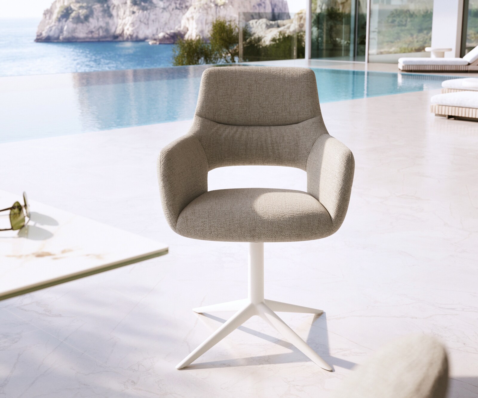 Chaise-d'extérieur Yago-Flex avec accoudoirs tissu texturé gris-blanc pied de chaise 4 branches blanc pivotement sur 360° fonction bascule 1