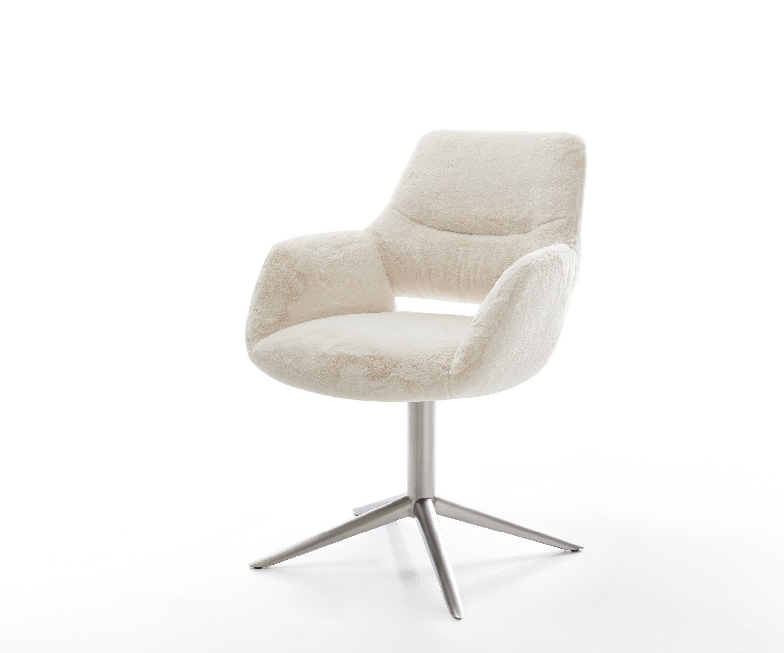 Chaise-pivotante Yago-Flex avec accoudoirs peluche crème-blanc pied de chaise 4 branches acier inoxydable pivotement sur 360° fonction bascule resorts ensachés