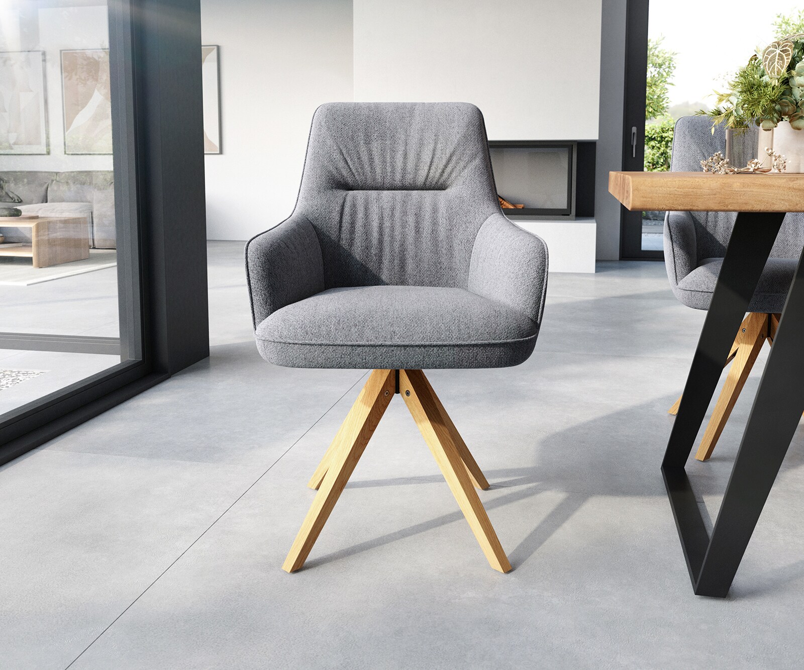 Esszimmerstuhl Zelia-Flex mit Armlehnen Strukturstoff Hellgrau Holzgestell kantig Natur Taschenfederkern 1 Esszimmerstuhl Zelia-Flex mit Armlehnen Strukturstoff Hellgrau Holzgestell kantig Natur Taschenfederkern 1