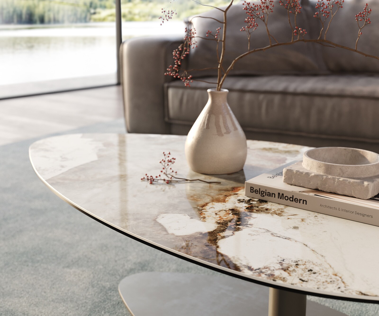 Couchtisch Edge Organisch 140x76 cm Keramik Minas Melange Vibany Metall Effektfinish Titan 5