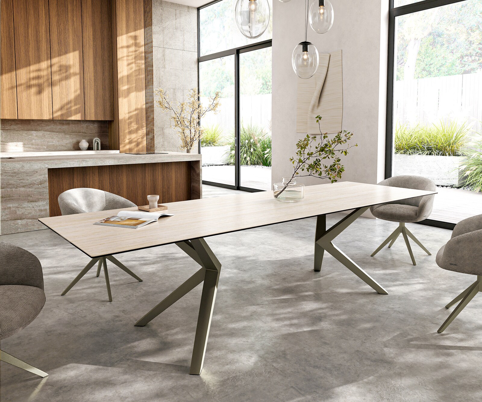 Esstisch Edge 300x100 Keramik Laminam® Travertino Bianco Creme-Weiß Zenthara kantig Metall Effektfinish Titan