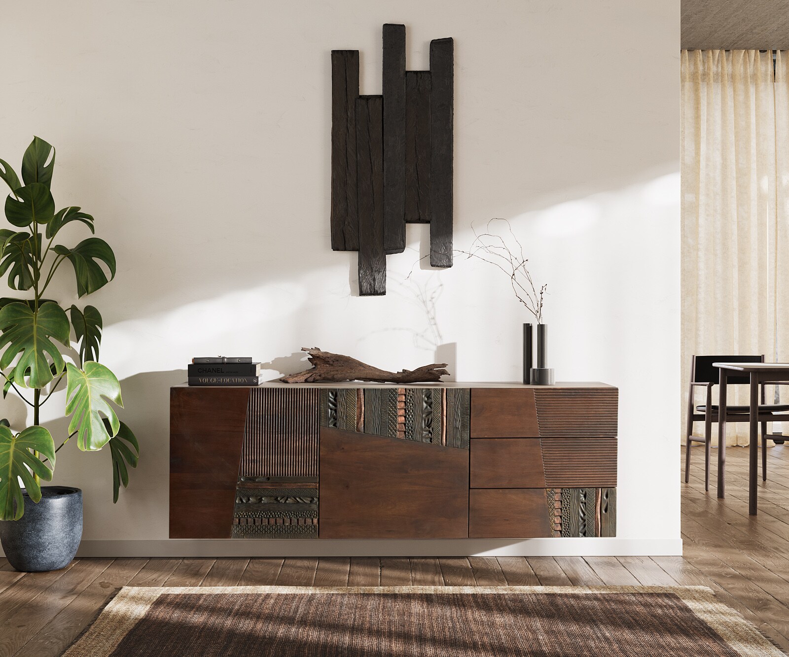 Sideboard Imara 175 cm Mango Braun 2 Türen 3 Schubladen schwebend 1