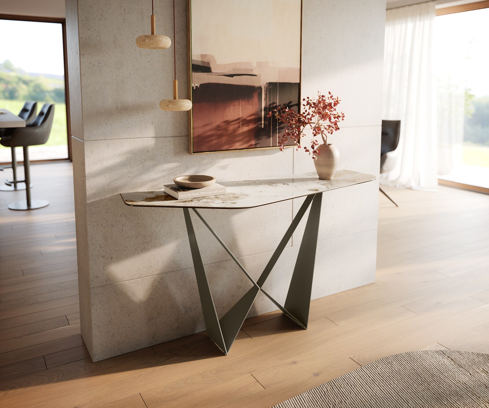 Konsolentisch Edge Polygonal 140x50 cm Keramik Minas Melange Weiß-Beige Spios Metall Effektfinish Titan 1