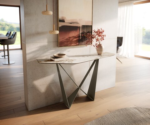 Konsolentisch Edge Polygonal 140x50 cm Keramik Minas Melange Weiß-Beige Spios Metall Effektfinish Titan
