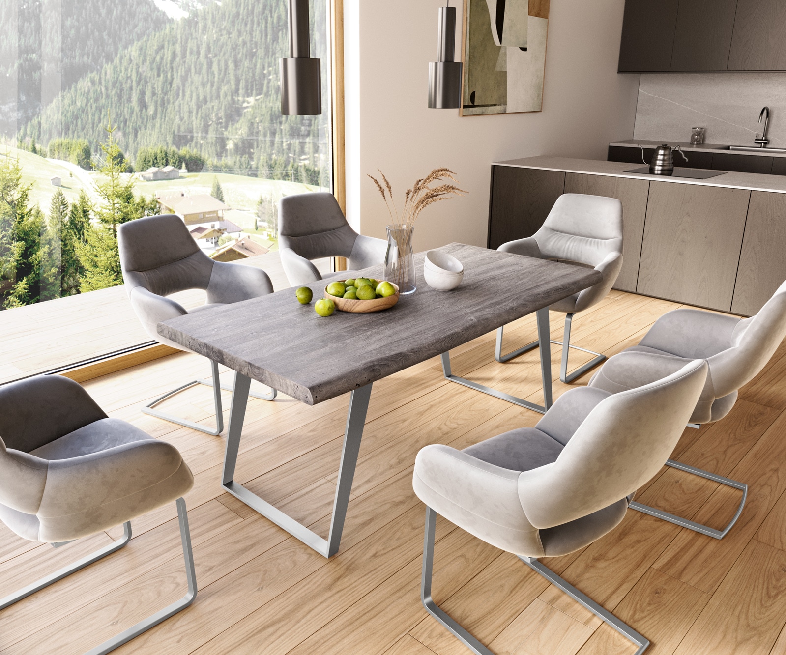 Esstisch Edge 180x90 XL Akazie Platin Metall Schräg Live-Edge 7