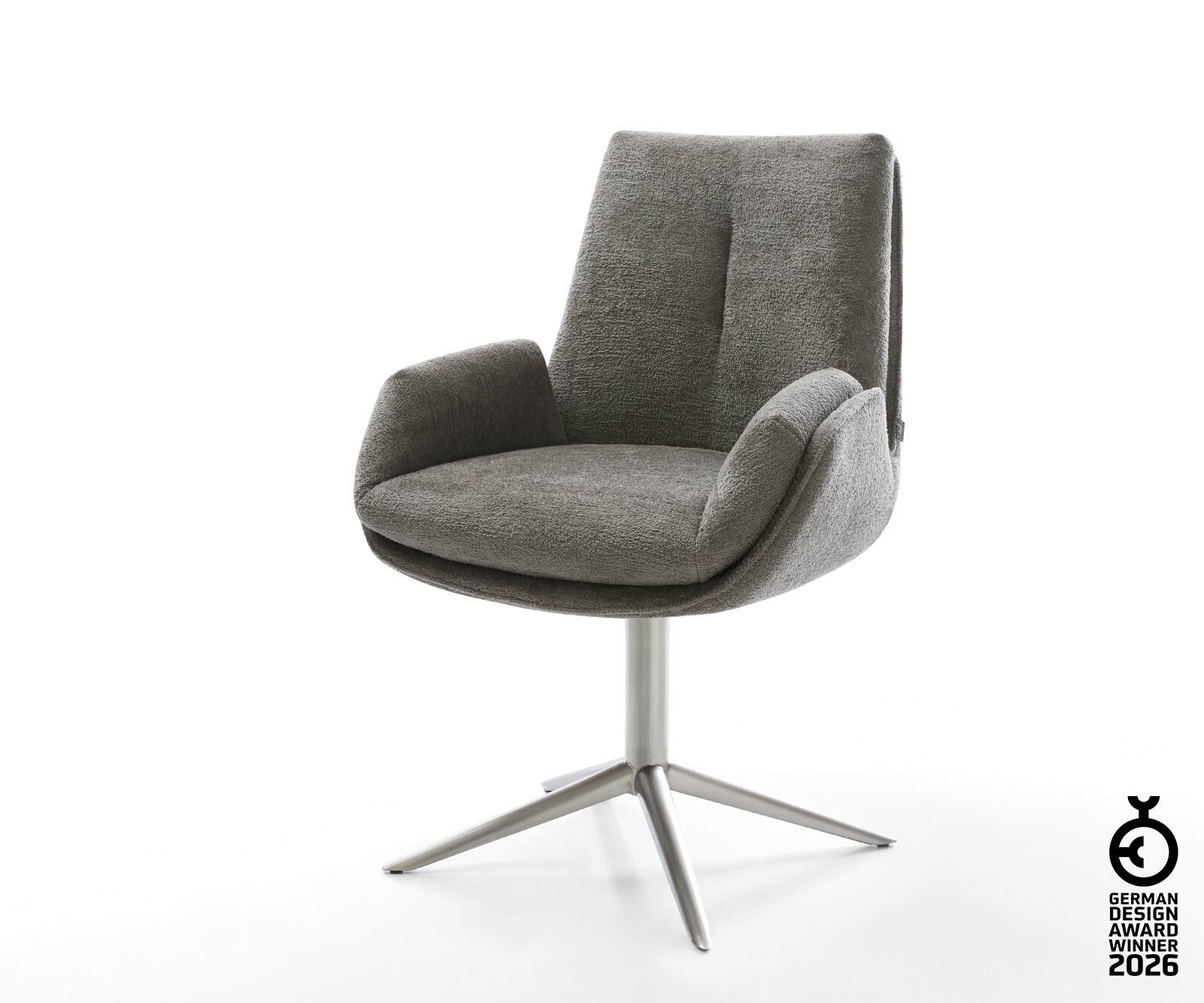 Drehstuhl Clea-Flex Bouclé Soft Schlamm Fußkreuz Edelstahl 360° drehbar Wippfunktion