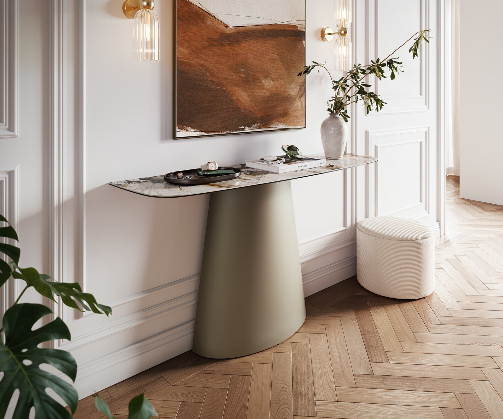 Console Edge forme bateau 140x40 cm Céramique Patagonia Poliert Conos Métal Effektfinish Titan 2