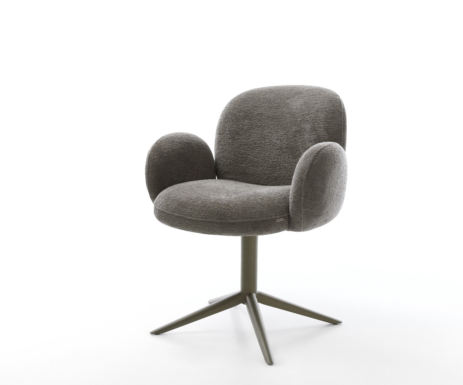 Chaise-pivotante Nube-Flex avec accoudoirs bouclé doux couleur boue pied de chaise 4 branches aspect titane pivotement sur 360° fonction bascule resorts ensachés