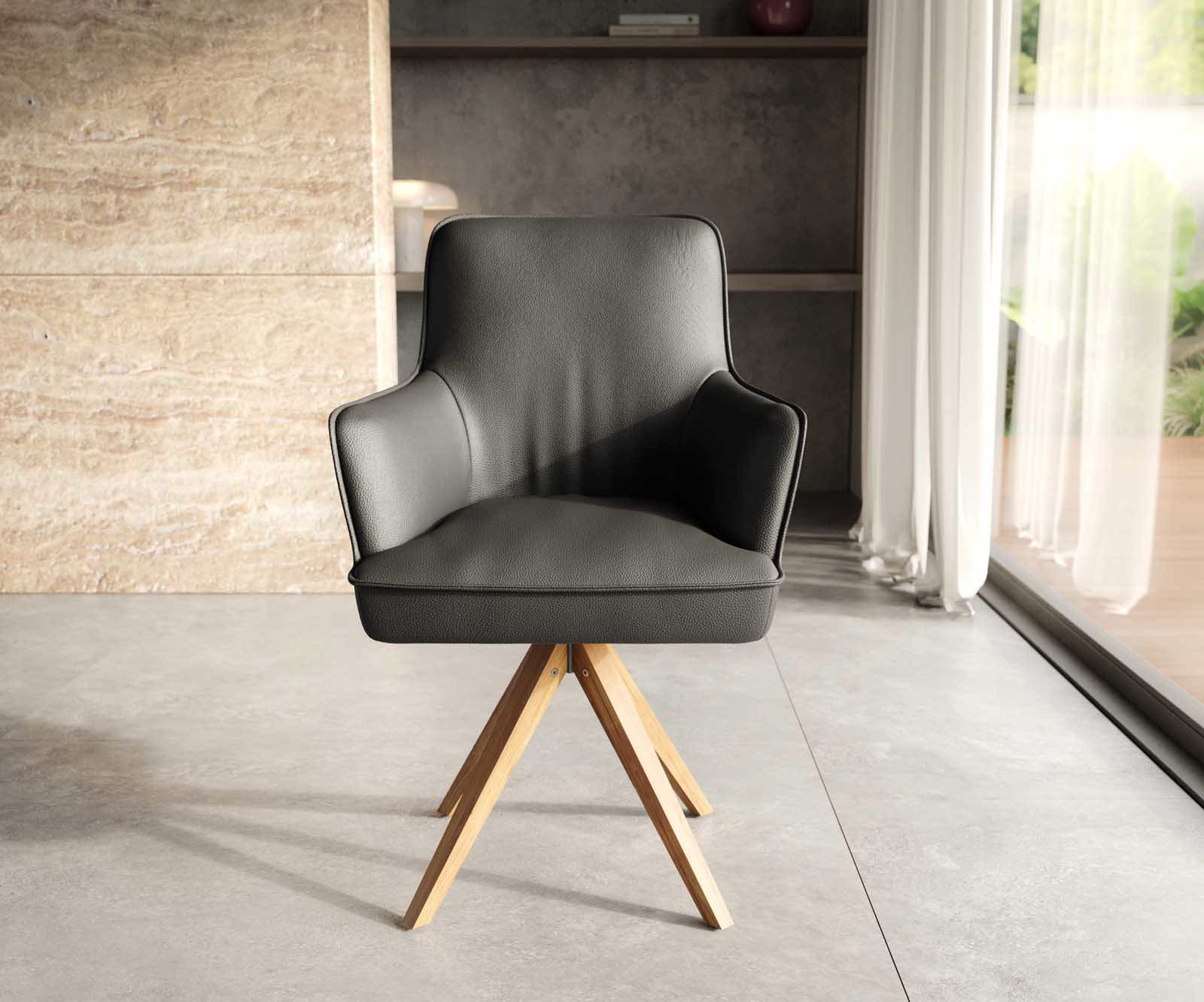 Chaise-pivotante Heira-Flex avec accoudoirs cuir de vache noir pied en bois angulaire naturel pivotement sur 180° ressorts ensachés 2