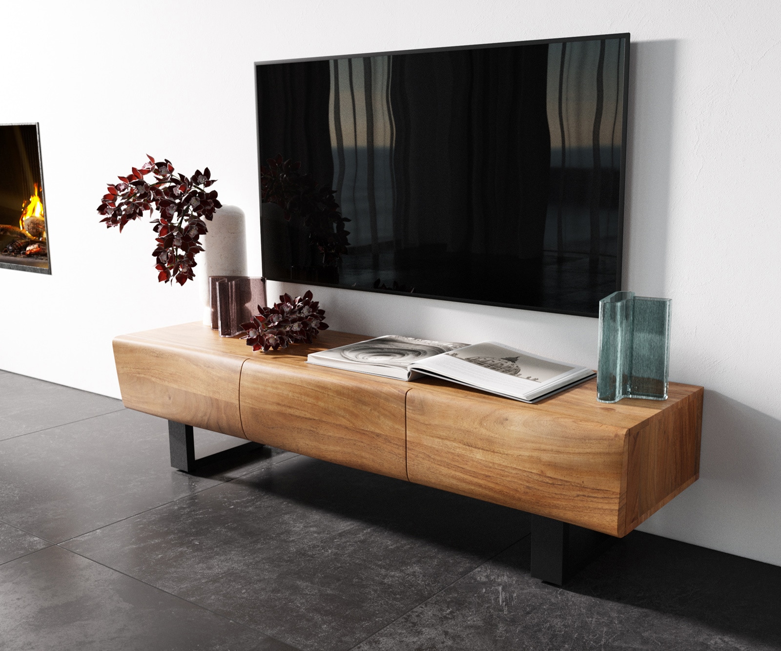 Meuble - TV New Live-Edge 145 cm acacia naturel 3 portes patin métal noir Meuble - TV New Live-Edge 145 cm acacia naturel 3 portes patin métal noir