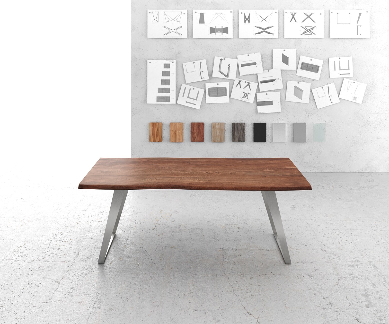 Esstisch Edge 200x100cm Akazie Braun Edelstahl Silber schräg Live-Edge 2