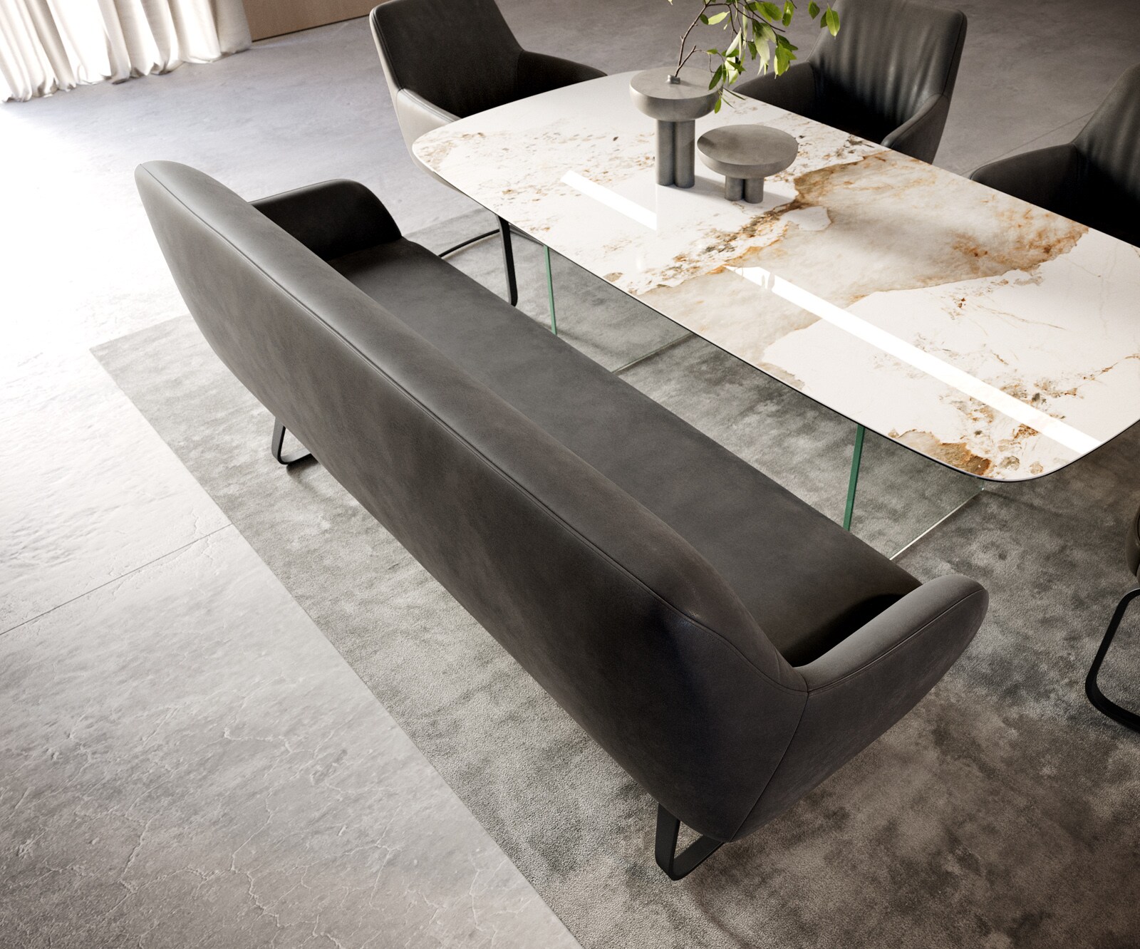 Banc-de-salle-à-manger Taya-Flex 200 cm microfibre antracite vintage châssis à patins plat noir ressort ensaché 4