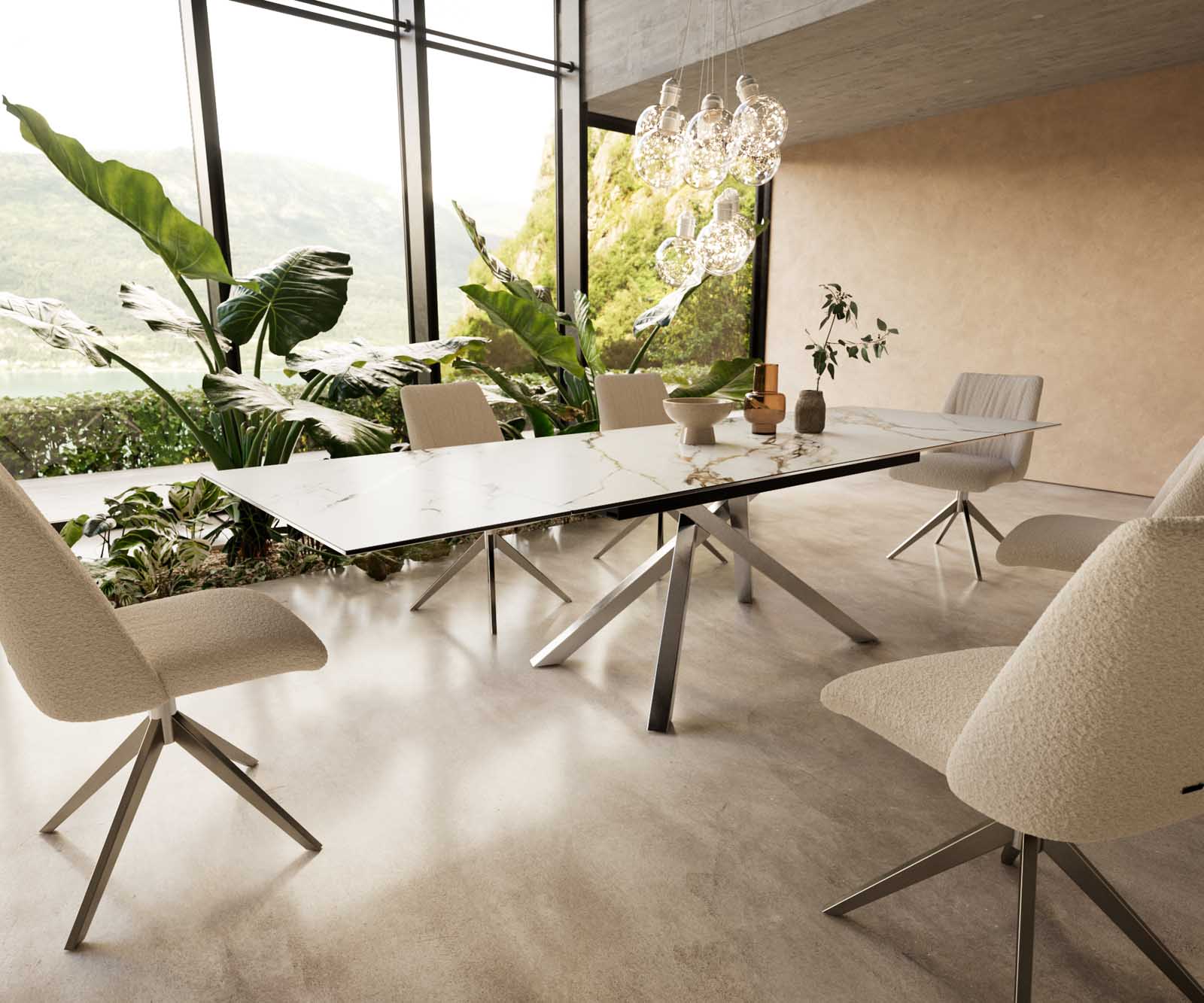 Esstisch Edge 200-300x100 Keramik Calacatta Luxe Weiß-Gold-Grau Kreuzgestell Rechteck Edelstahl ausziehbar 1
