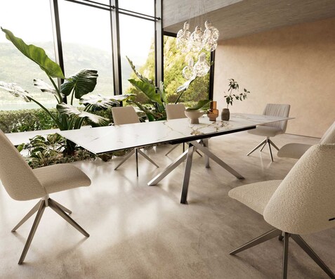 Esstisch Edge 200-300x100 Keramik Calacatta Luxe Weiß-Gold-Grau Kreuzgestell Rechteck Edelstahl ausziehbar