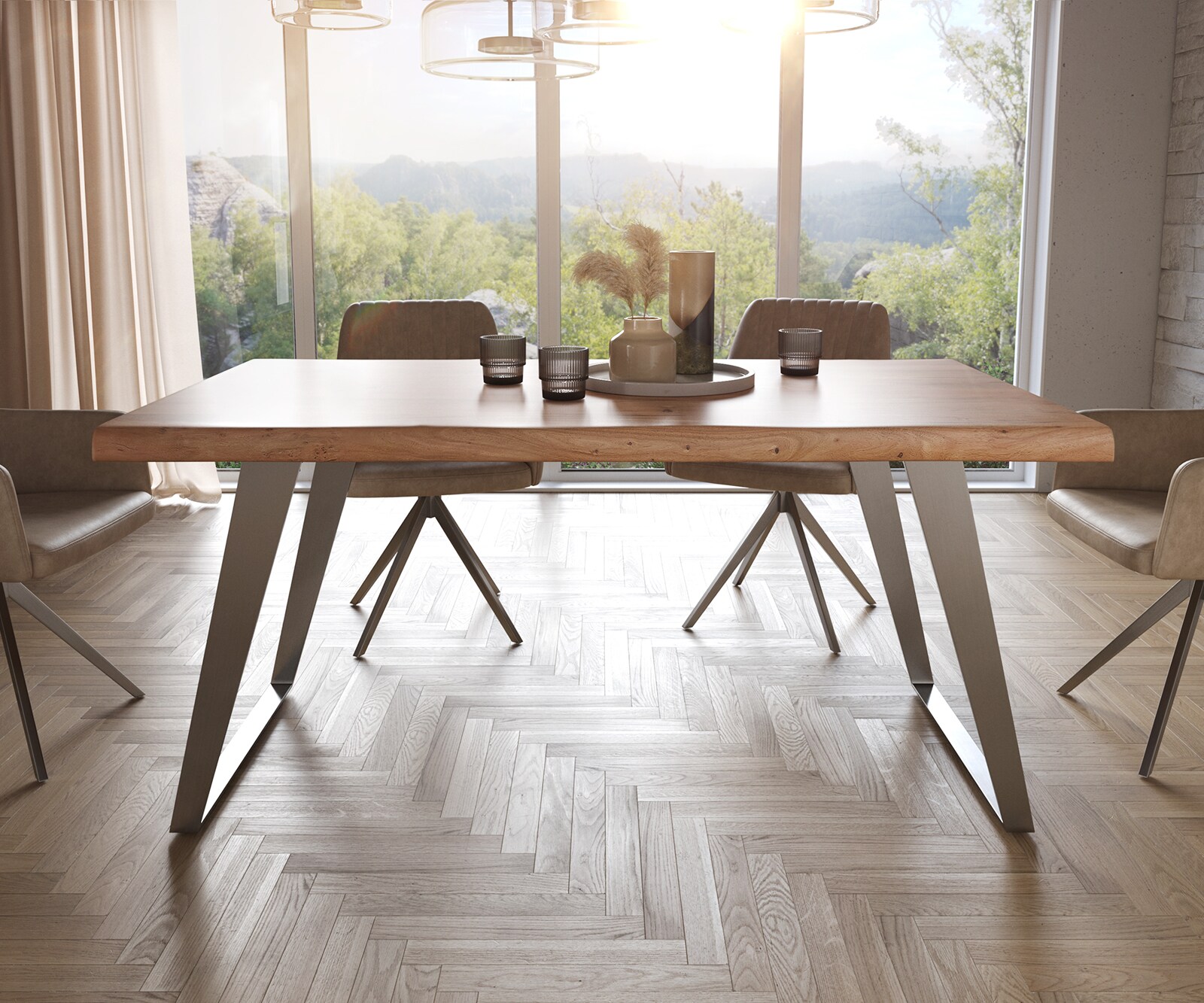 Esstisch Edge 160x90 XL Akazie Natur Edelstahl Schräg Live-Edge 1