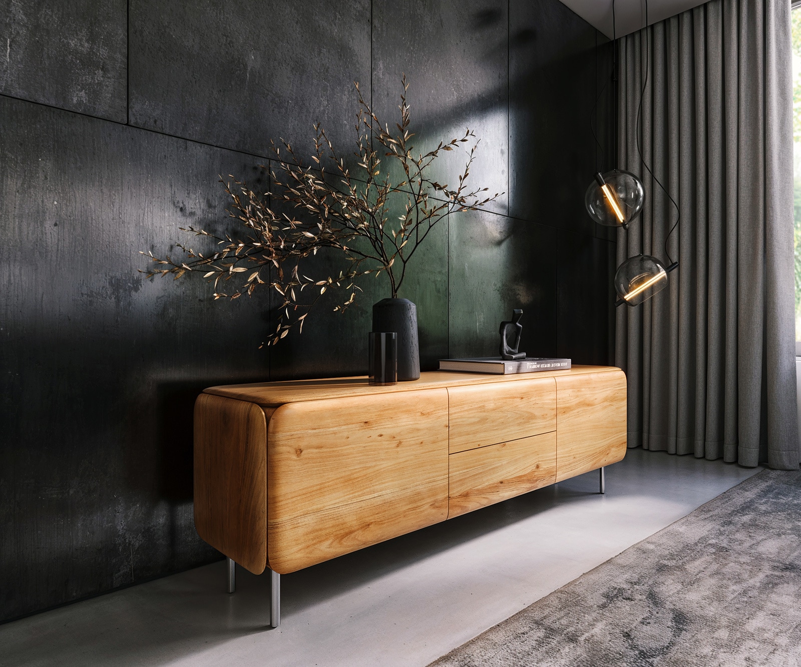 Lowboard Shavani 175 cm Akazie Natur 2 Türen 2 Schubladen Rundfuß Edelstahl Silber Lowboard Shavani 175 cm Akazie Natur 2 Türen 2 Schubladen Rundfuß Edelstahl Silber