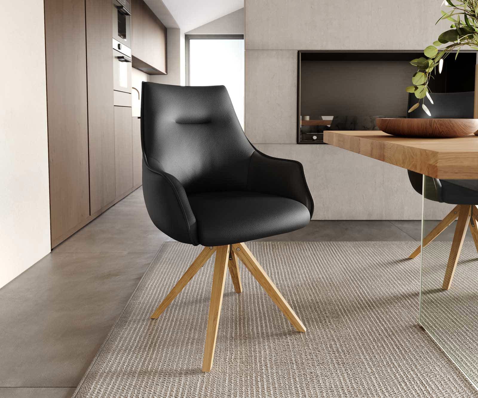 Drehstuhl Alja-Flex mit Armlehnen Echt-Leder Schwarz Holzgestell kantig Natur 180° drehbar Taschenfederkern Drehstuhl Alja-Flex mit Armlehnen Echt-Leder Schwarz Holzgestell kantig Natur 180° drehbar Taschenfederkern