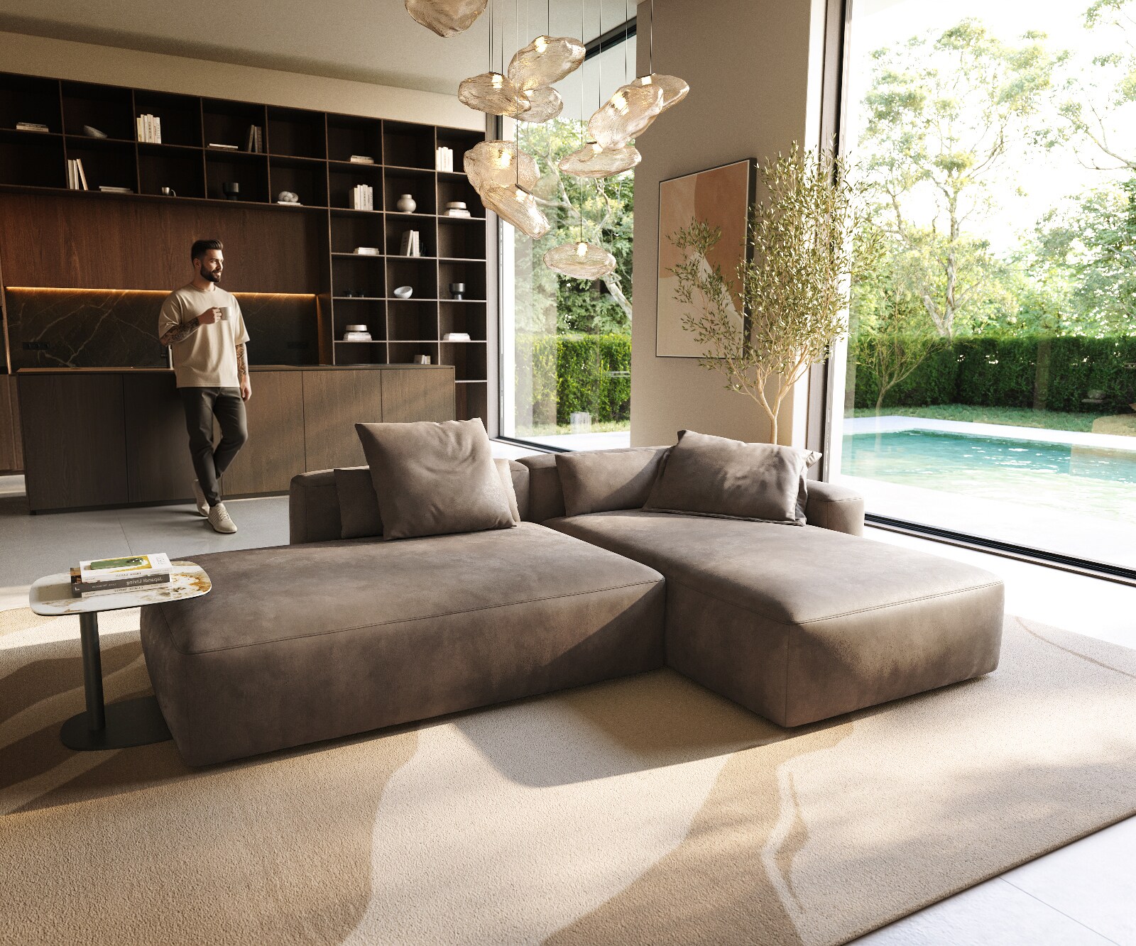 Canapé d'angle Freestyle 310x200 cm Tissu microfibre Taupe Vintage couture plate 1