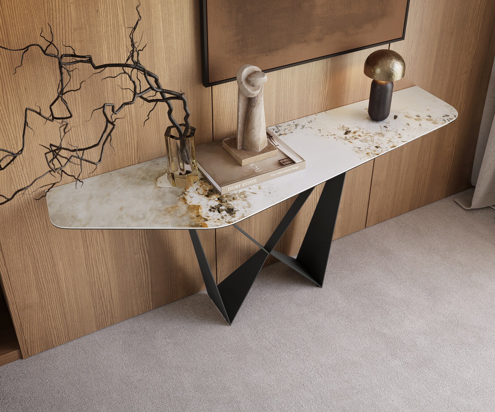 Console Edge Polygonal 180x50 cm Céramique Minas Melange Weiß-Beige Spios Métal Noir 2