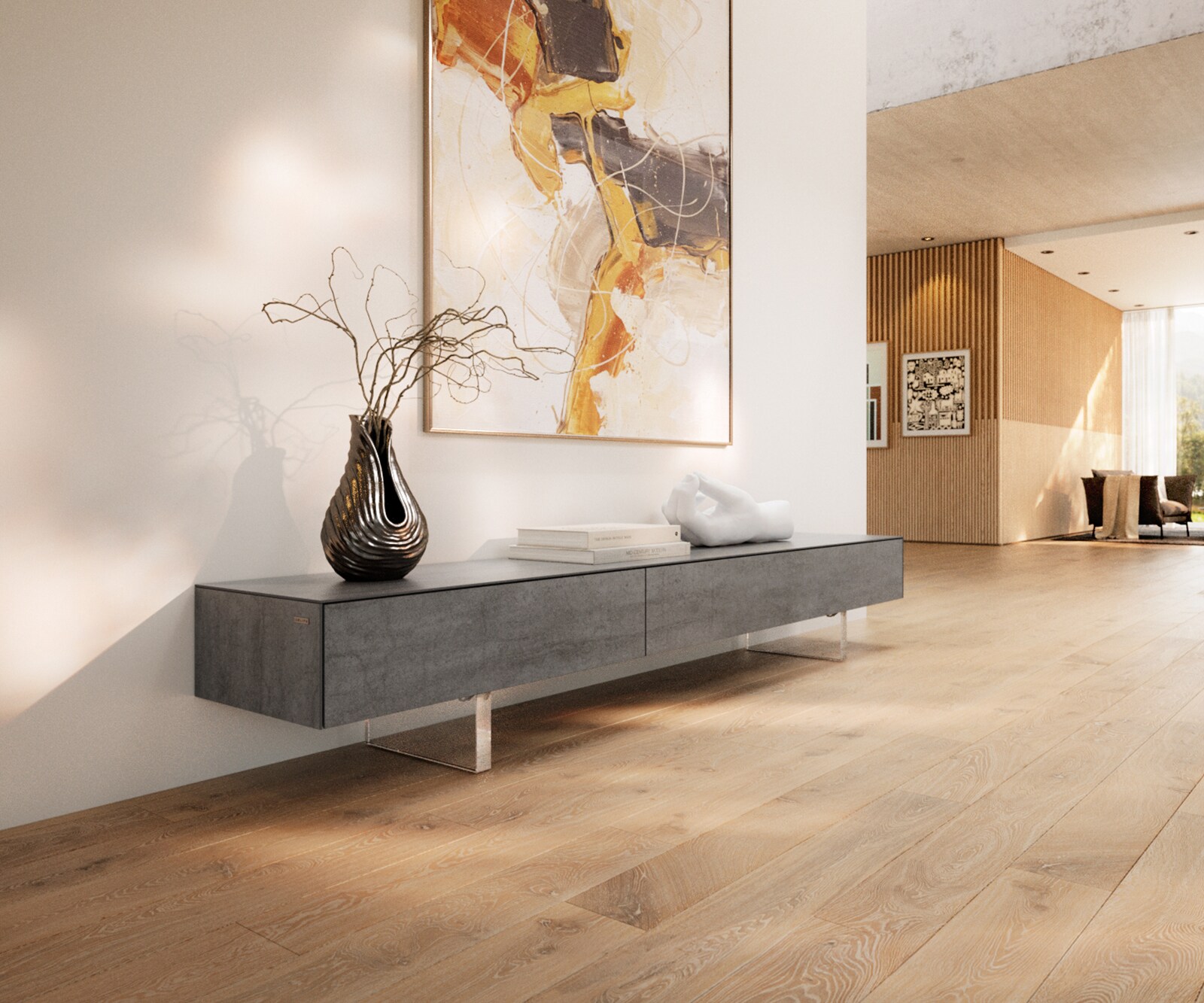 Lowboard Cuor 200 cm Keramik Beton Grau 1 Klappe 1 Schubfach Fuß Schwebeoptik Acrylglas
