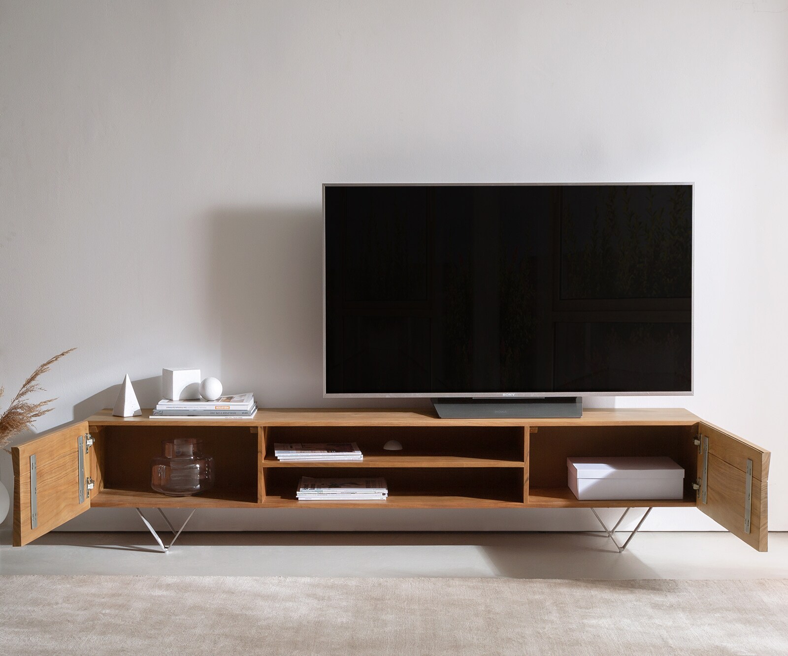 Meuble-TV Kayu 200 cm acacia naturel 2 portes pied en V 3