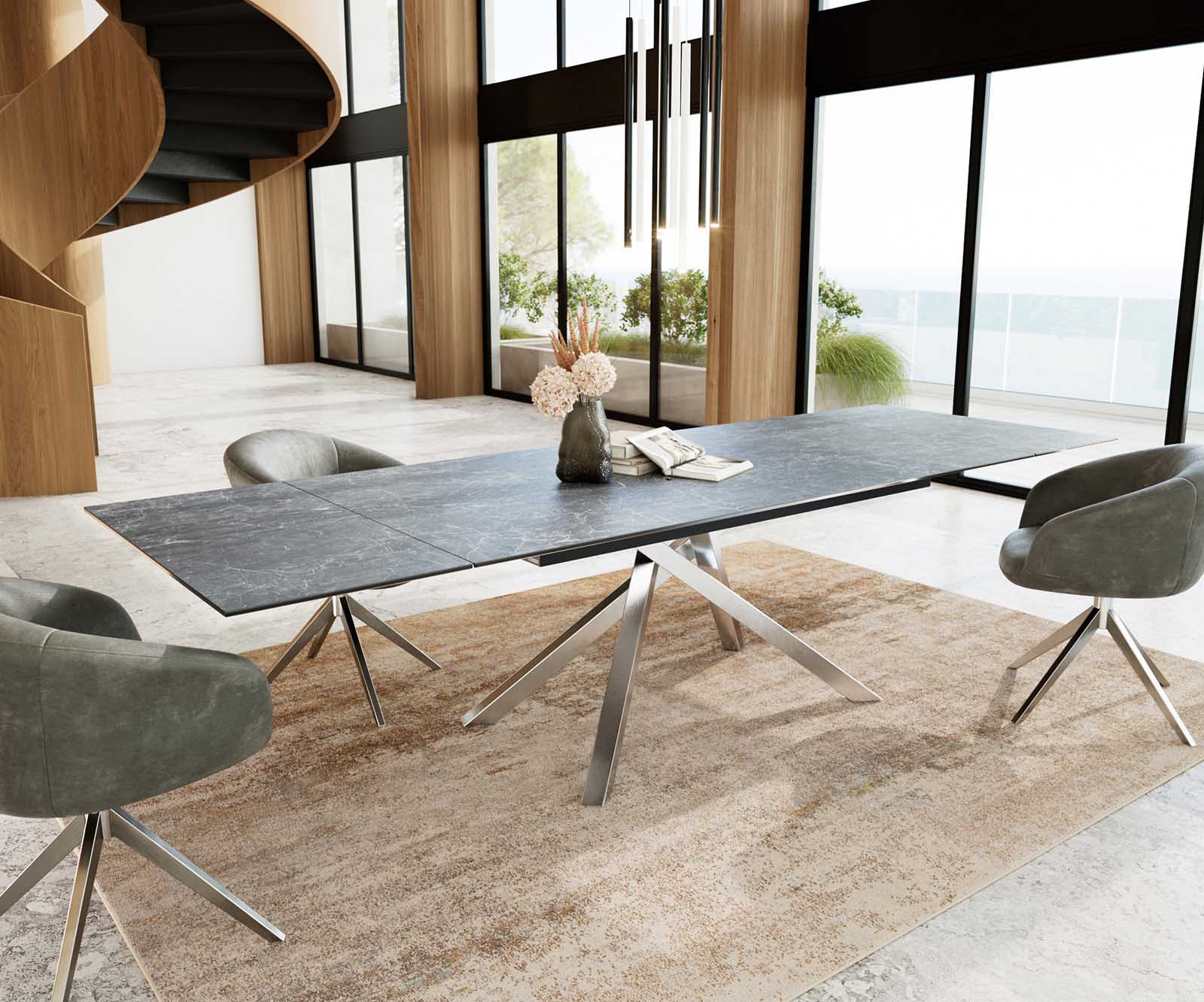 Esstisch Edge 200-300x100 Keramik Laminam®Nero Greco Anthrazit Kreuzgestell Rechteck Edelstahl ausziehbar 6