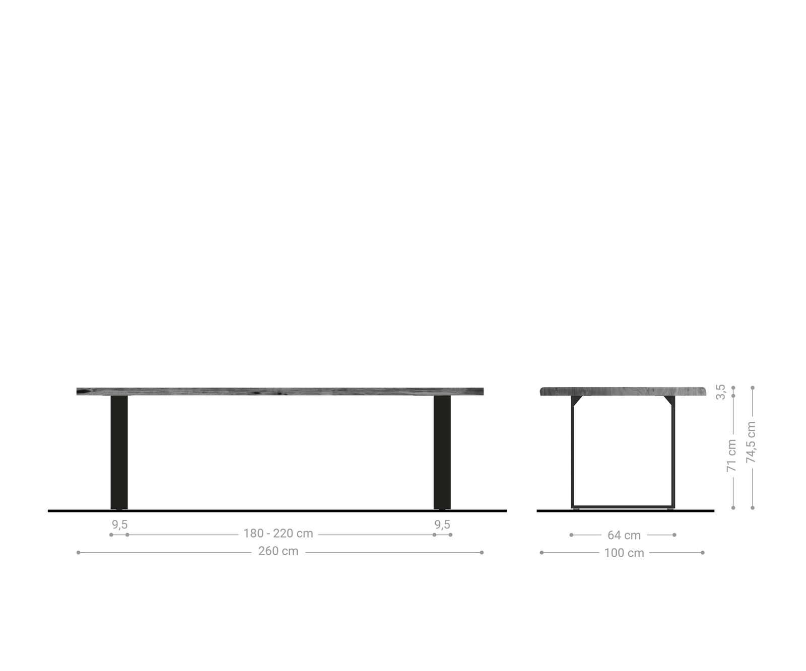 Table-à-manger Edge 260x100 acacia nature acier inoxydable mince Live-Edge 6