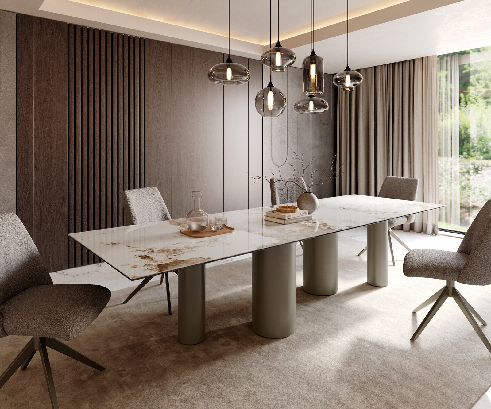 Table à manger Edge 300x100 Céramique Minas Melange Blanc-Beige Pilier Métal finition à effet Titane