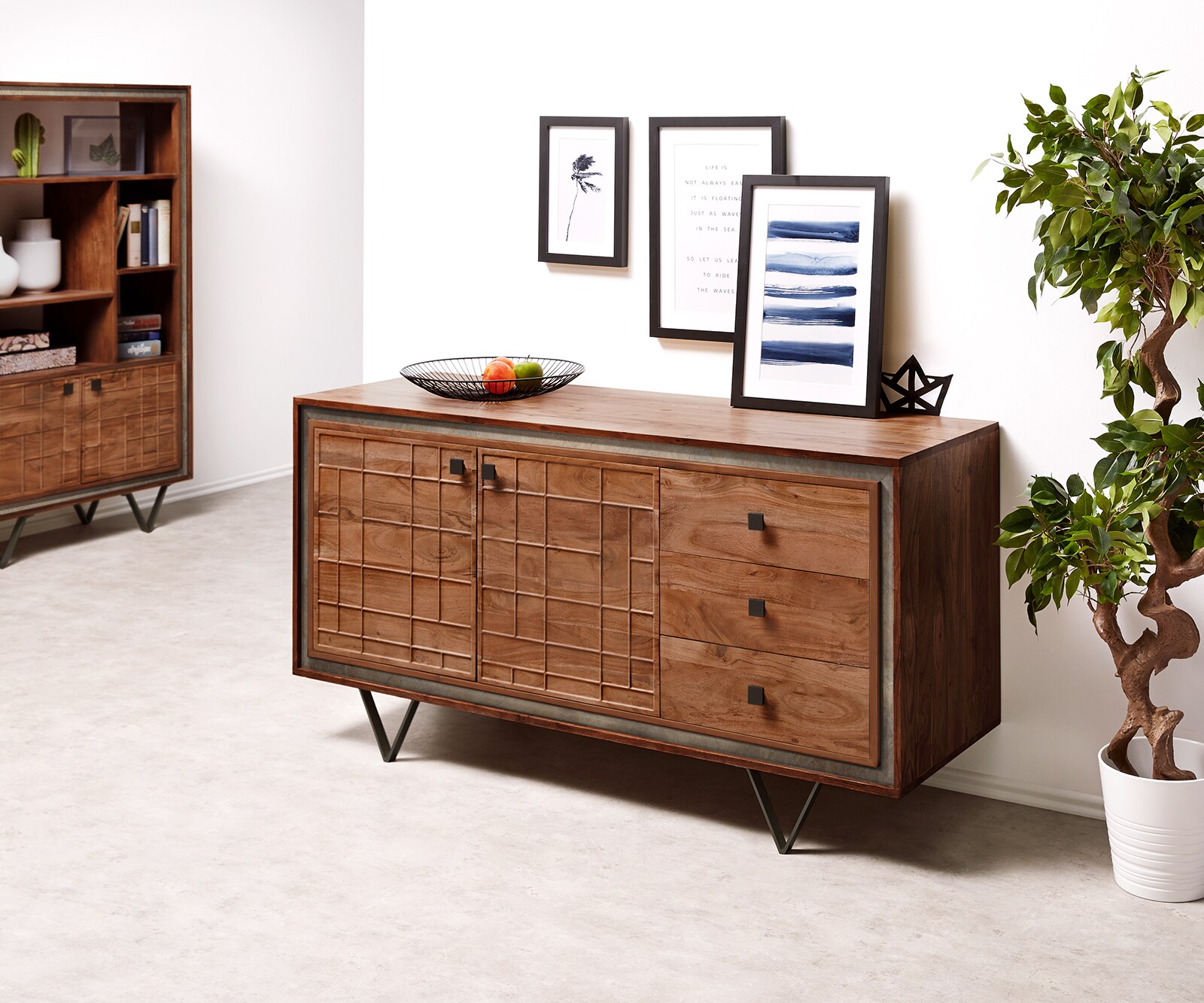 Sideboard Stonegrace 150 cm Akazie Braun 3D 2 Türen 3 Schubladen V-Fuß Schwarz 1