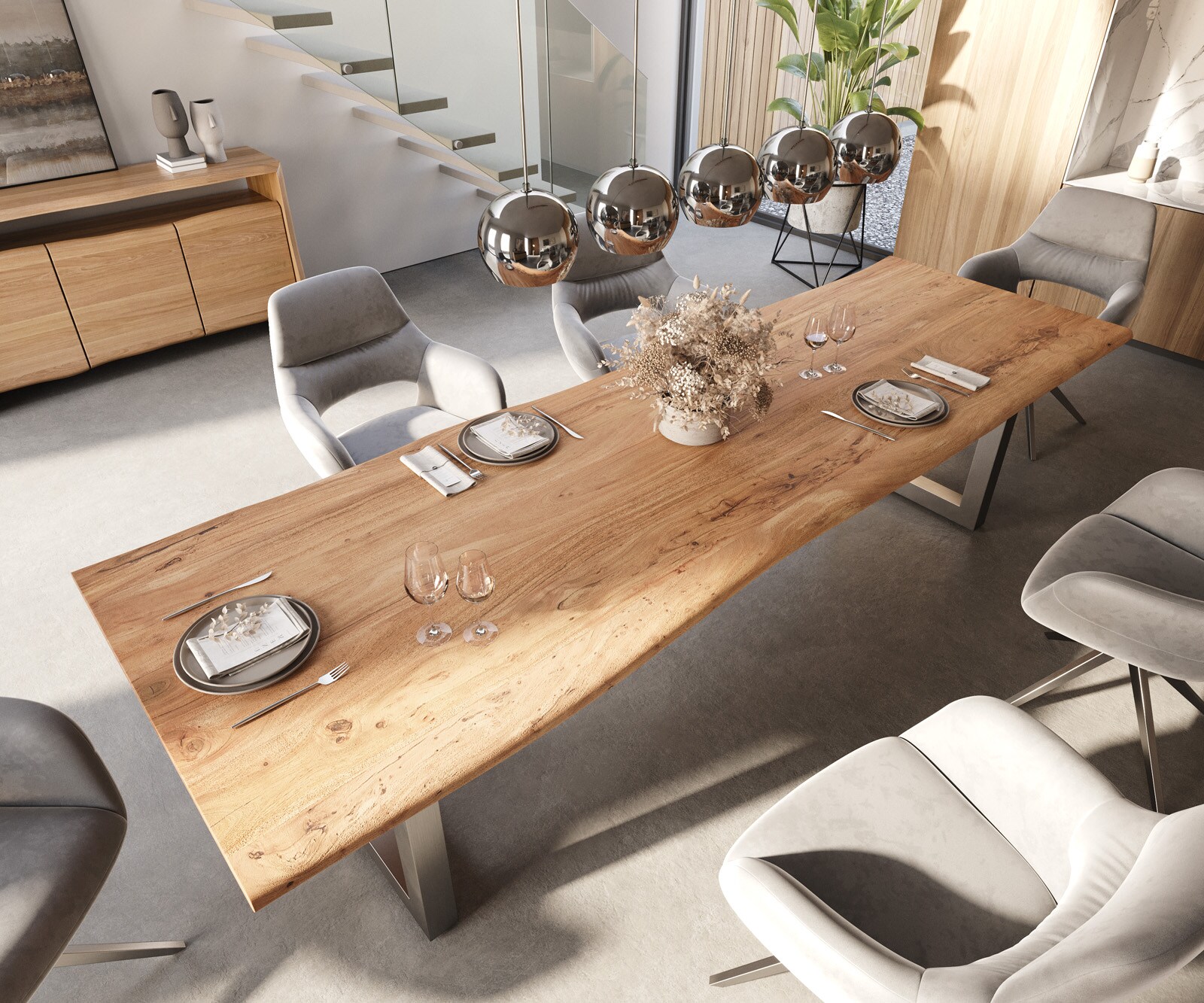 Table-à-manger Edge 300x100 acacia nature acier inoxydable large Live-Edge 5