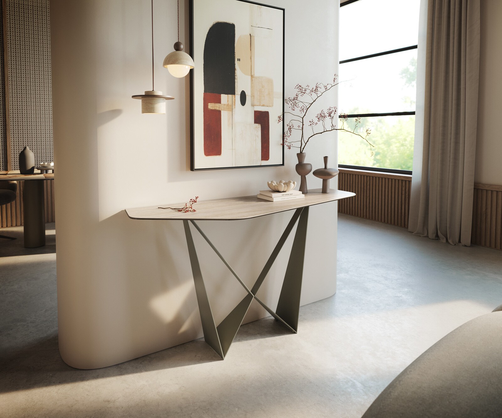 Konsolentisch Edge Polygonal 140x50 cm Keramik Laminam® Travertino Bianco Creme-Weiß Spios Metall Effektfinish Titan 1