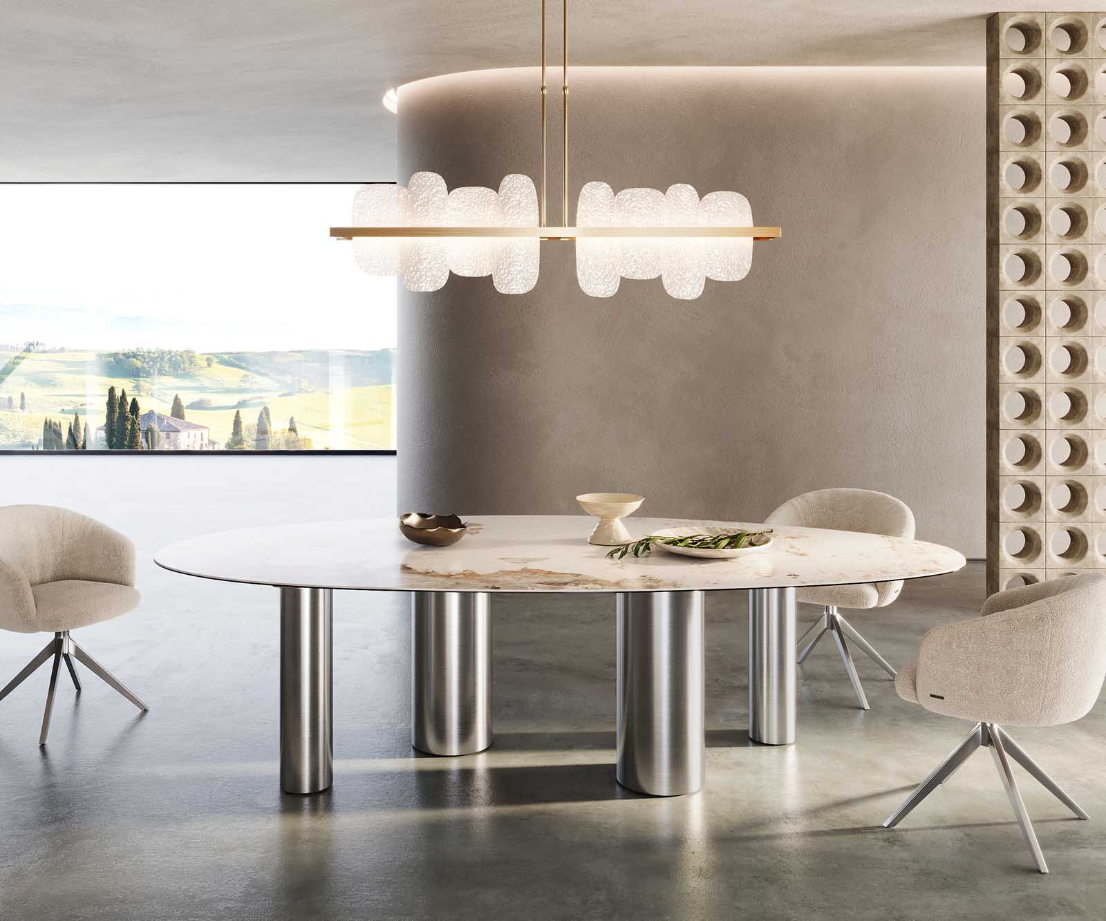 Esstisch Edge Oval 280x130 Keramik Minas Melange Weiß-Beige Pilier Edelstahl 1 Esstisch Edge Oval 280x130 Keramik Minas Melange Weiß-Beige Pilier Edelstahl 1