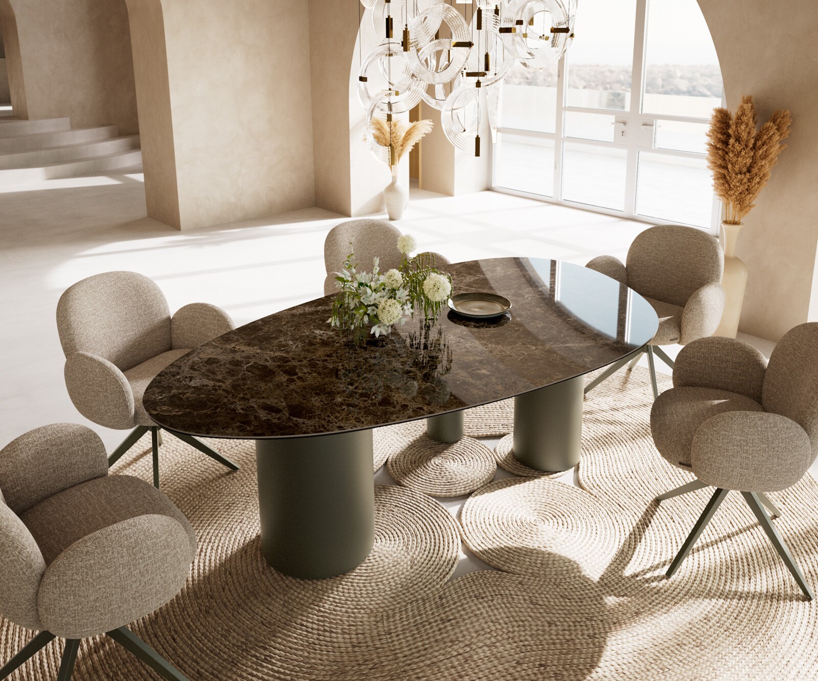 Table à manger Edge ovalee 220x120 céramique Laminam® Emperador Extra Lucidato marron foncé Troa métal effet finition titanee