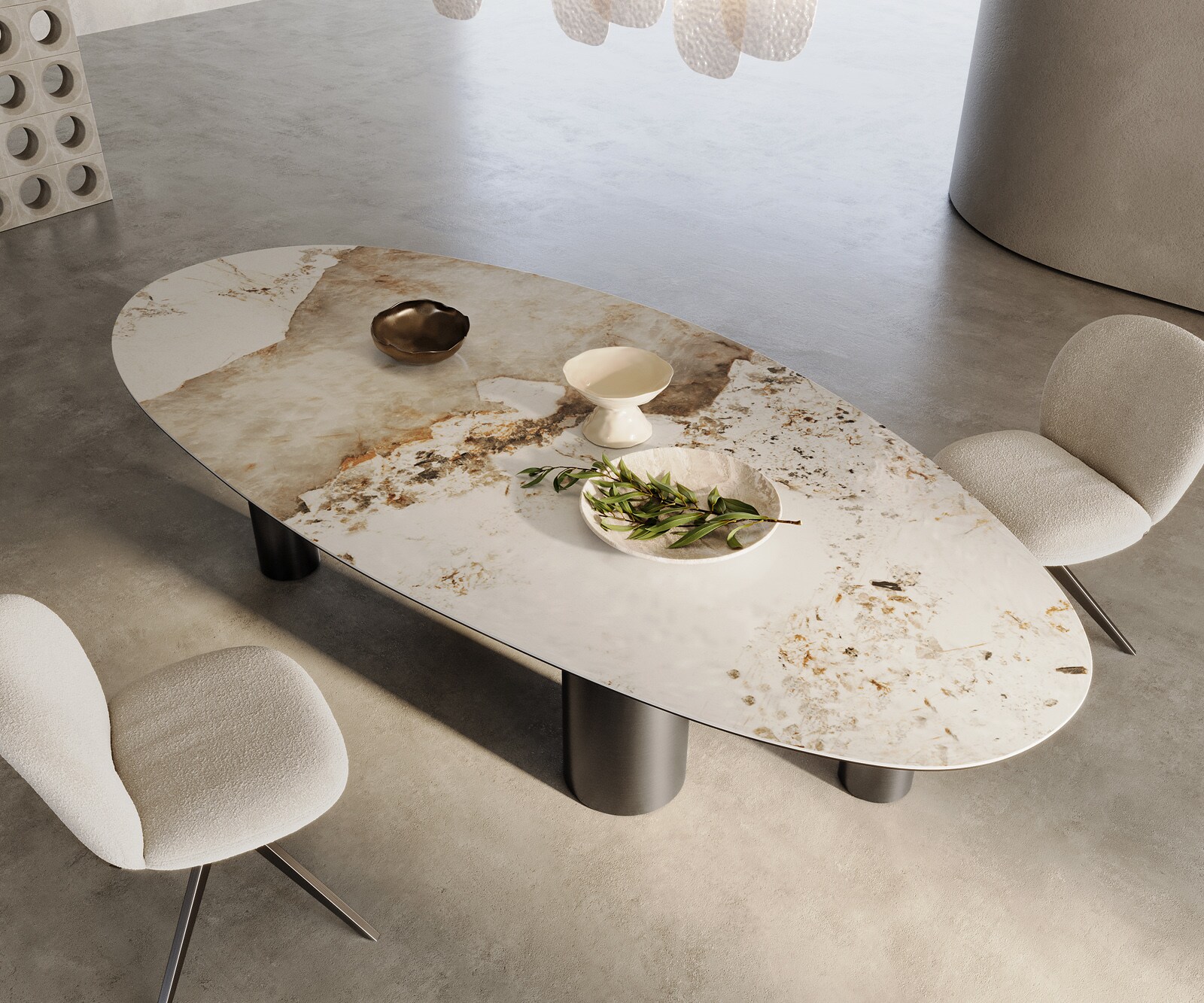 Table à manger Edge Ovale 280x130 Céramique Minas Melange Blanc-Beige Pilier Acier inoxydable Graphite 1