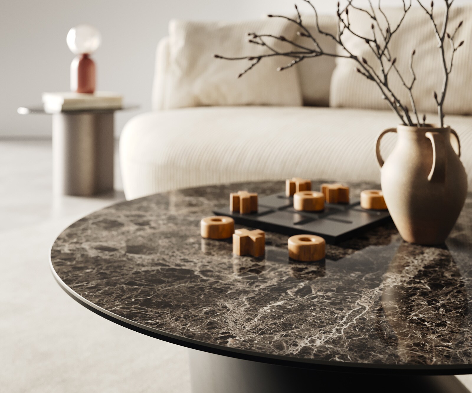 Couchtisch Edge Rund 90x90 cm Keramik Emperador Extra Lucidato Dunkelbraun Conis Metall Schwarz 4