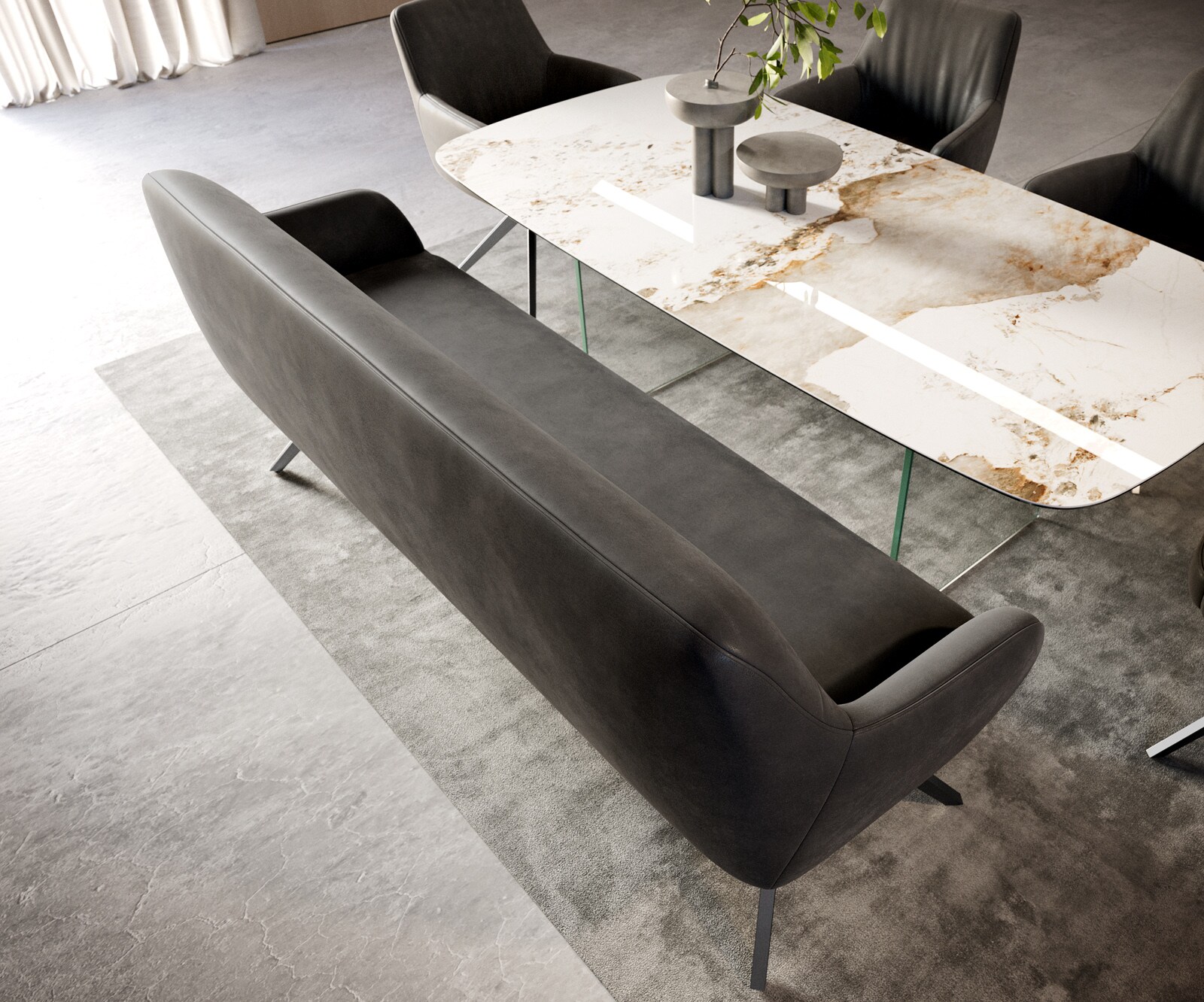 Banc-de-salle-à-manger Taya-Flex 200 cm microfibre antracite vintage pied croisé angulaire grafiete ressort ensaché 3