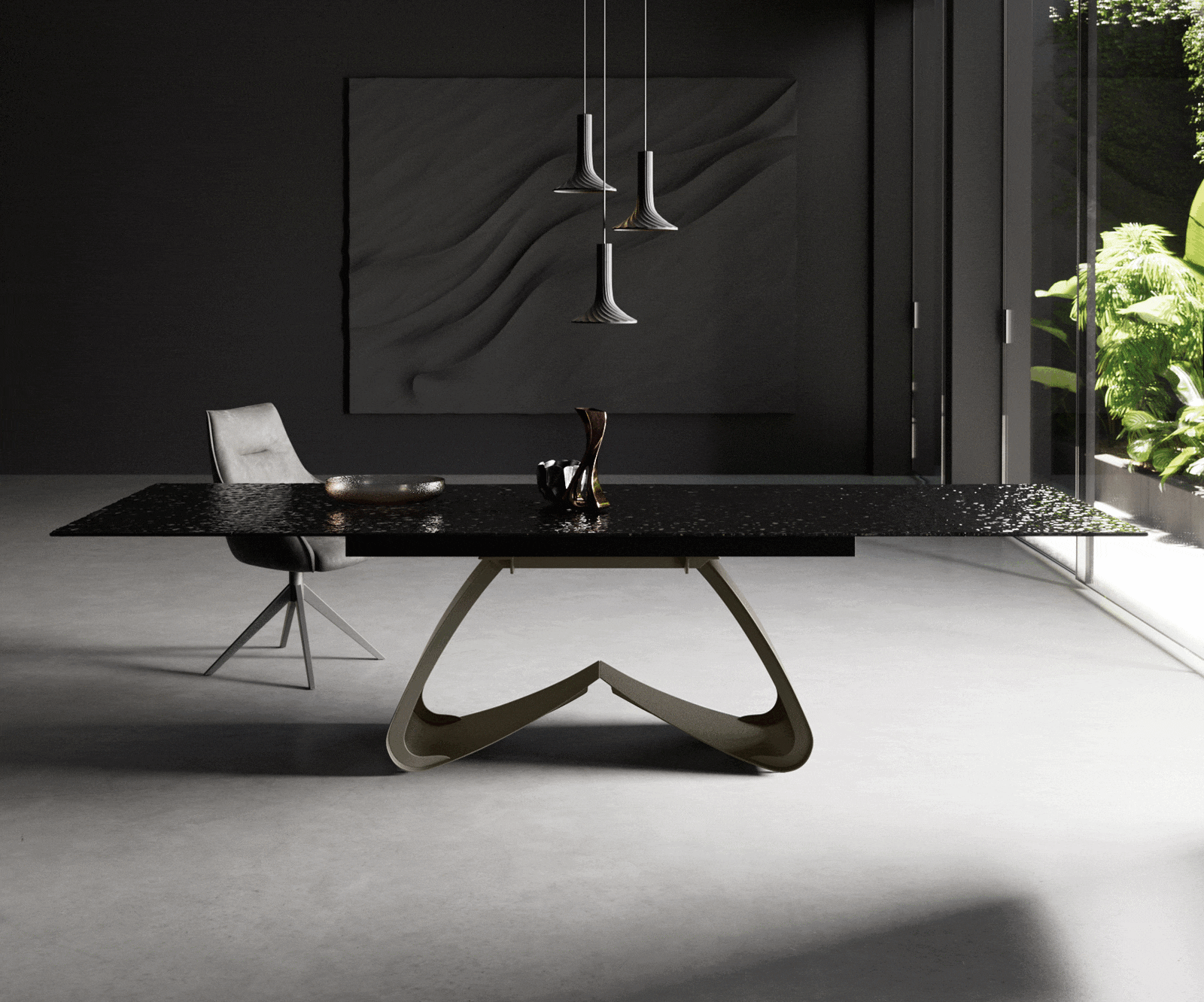 Esstisch Edge 200-300x100 Reliefglas Rauchschwarz 3D-Design W-Gestell Effektfinish Titan ausziehbar 2