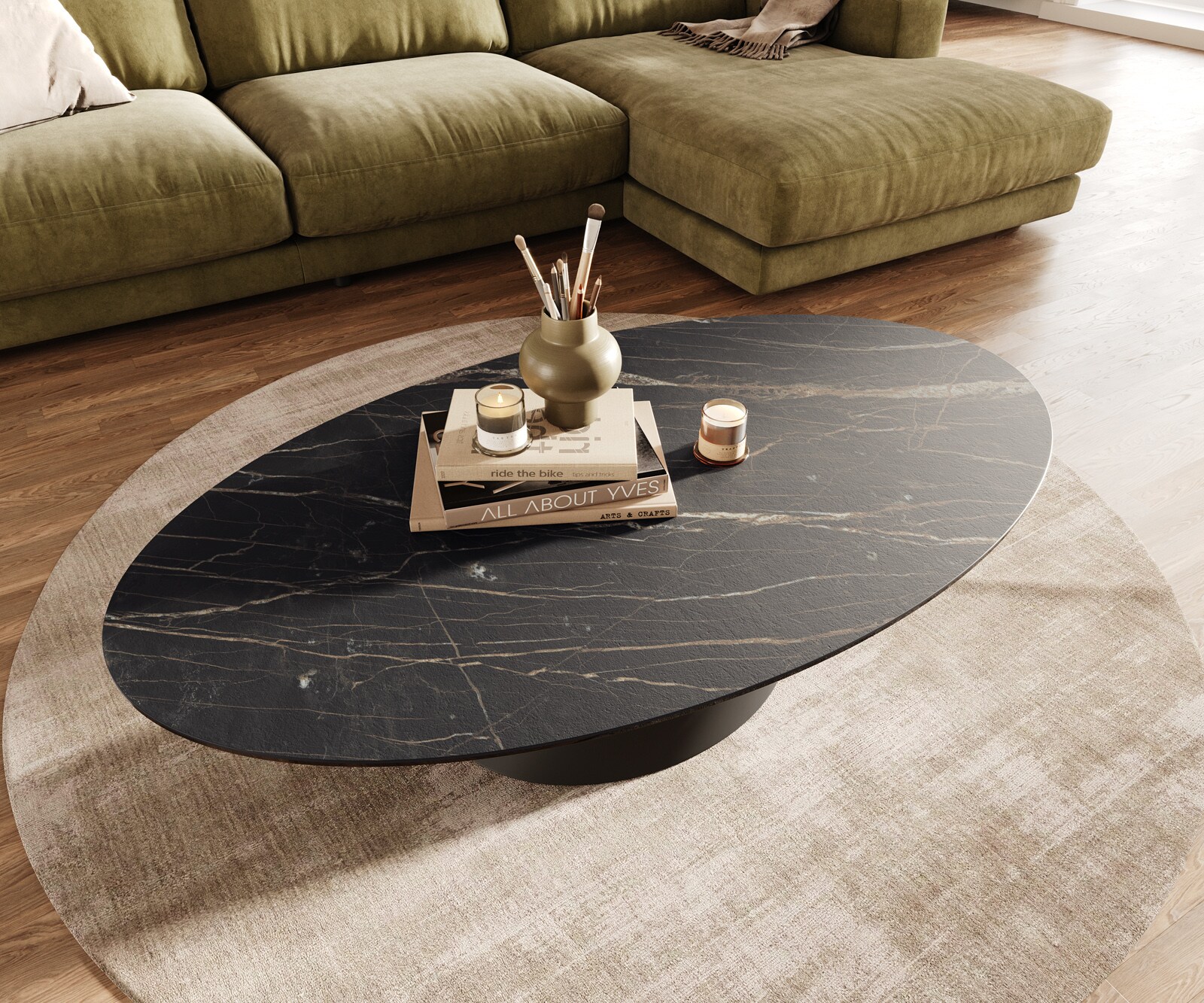 Table basse Edge Oval 140x80 cm céramique Laminam® Noir Desir brun Conis métal noir 3